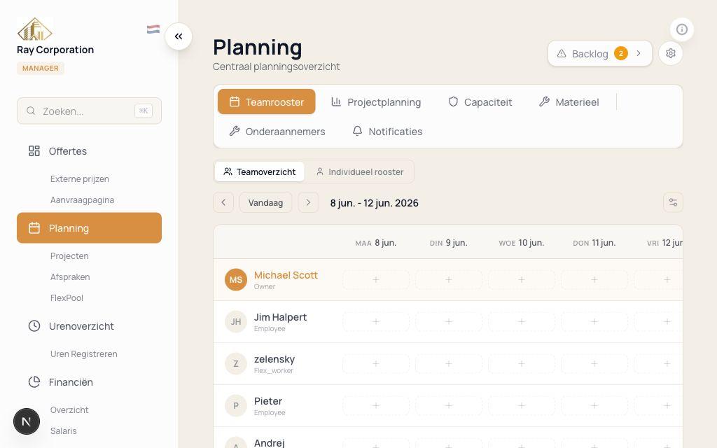 Vicenarius teamrooster met medewerkers, werkdagen en planningstabbladen
