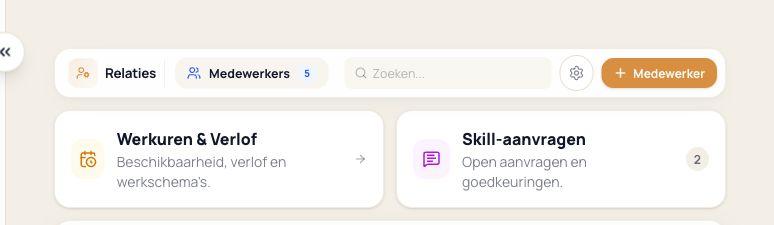 Vicenarius medewerkersoverzicht met werkuren, verlof en skill-aanvragen